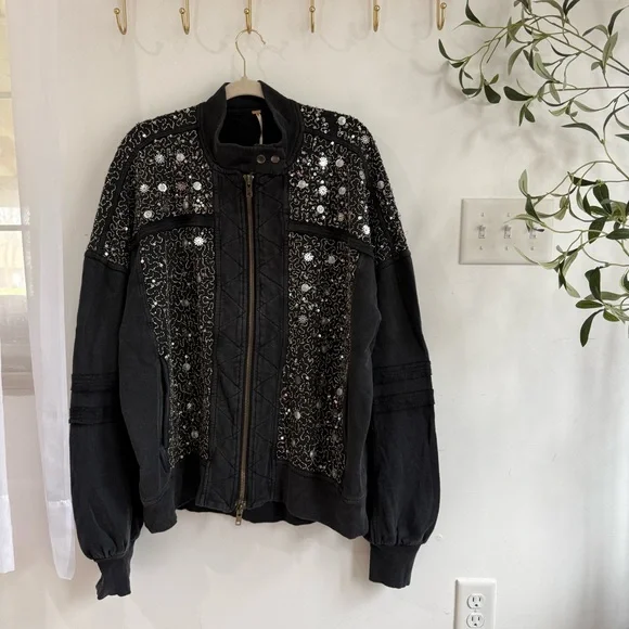 Free People Sparkle Front Zip Sweatshirt Jacket Black - Picture 4 of 9